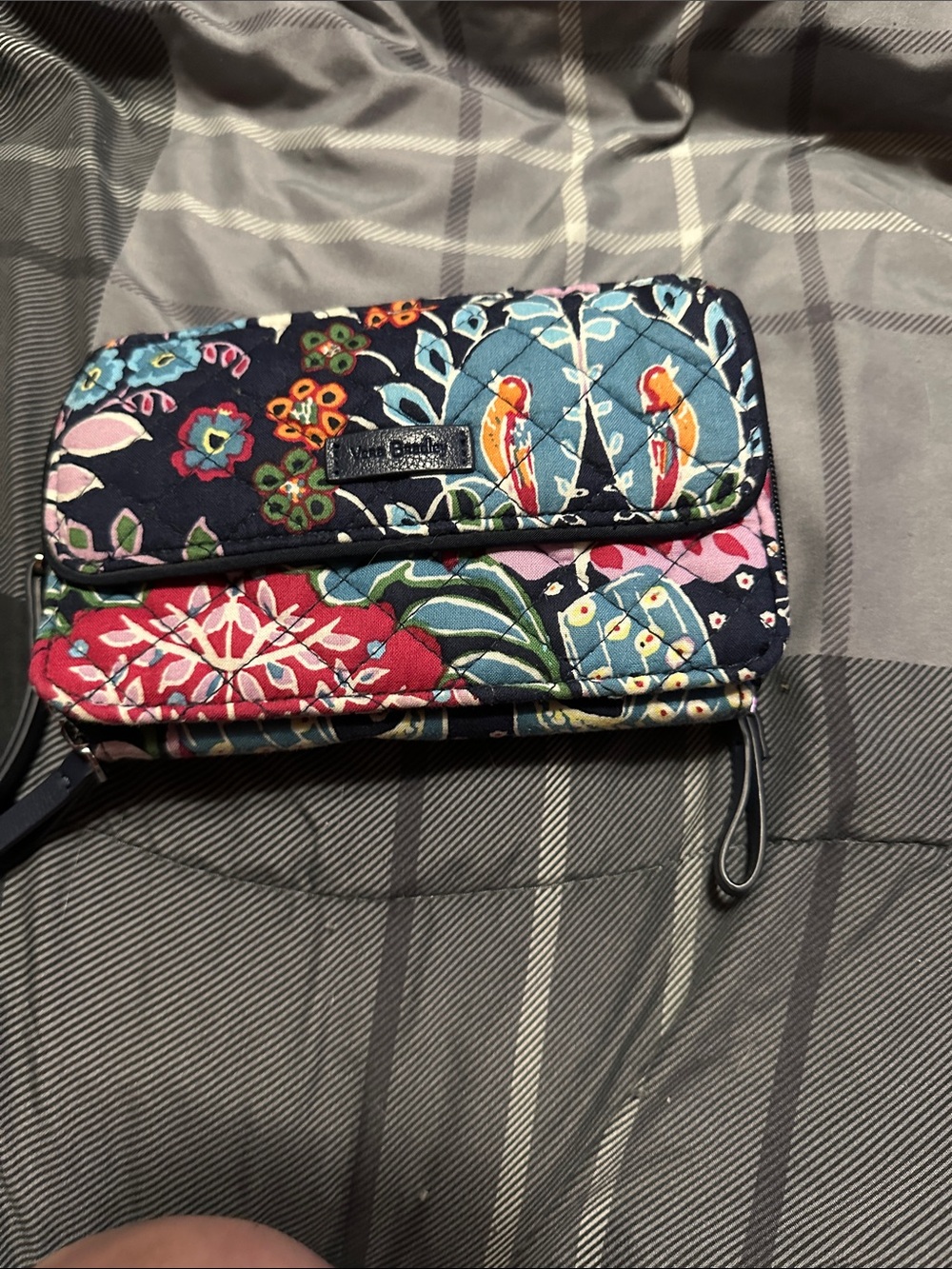 Vera Bradley Navy Quilted Floral Wristlet with Birds - Picture 1 of 4